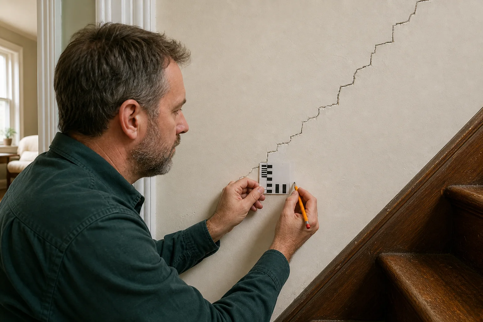 Representative professional documenting a stair-step wall crack near a staircase