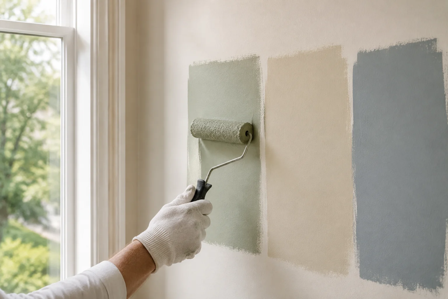 Representative painter testing large sage, neutral and blue paint swatches beside a window