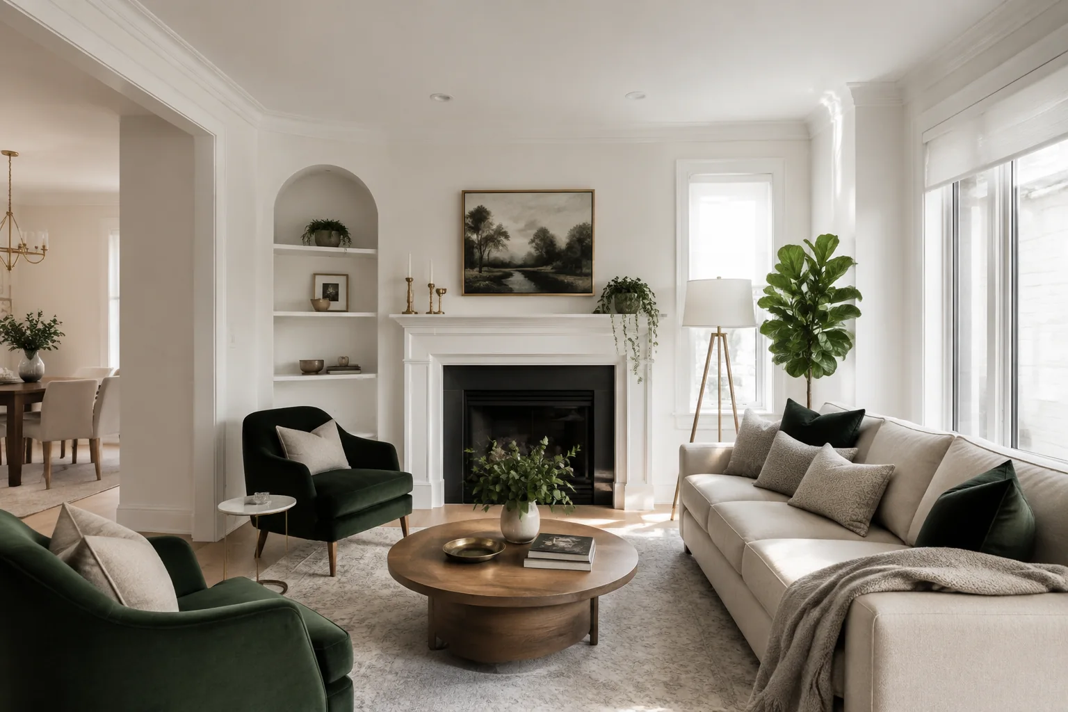 Representative bright living room with smooth freshly painted warm-white walls and crisp ceiling lines