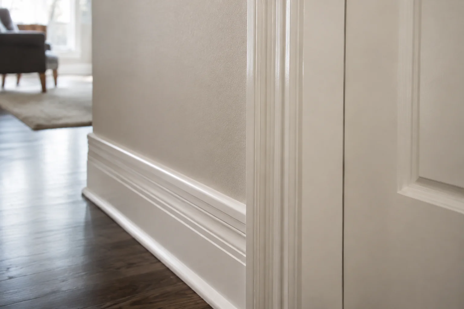 Representative detail of smooth semi-gloss door casing and baseboard beside a matte wall