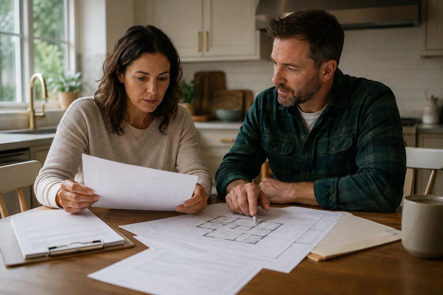 Representative homeowner and contractor reviewing unreadable renovation paperwork at a kitchen table