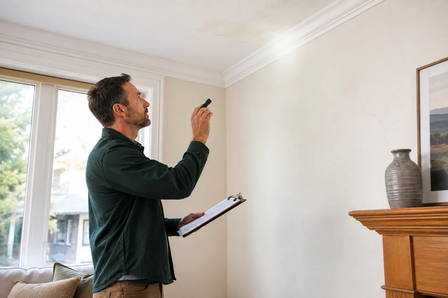 Representative professional inspecting a small wall crack and ceiling stain before estimating the work