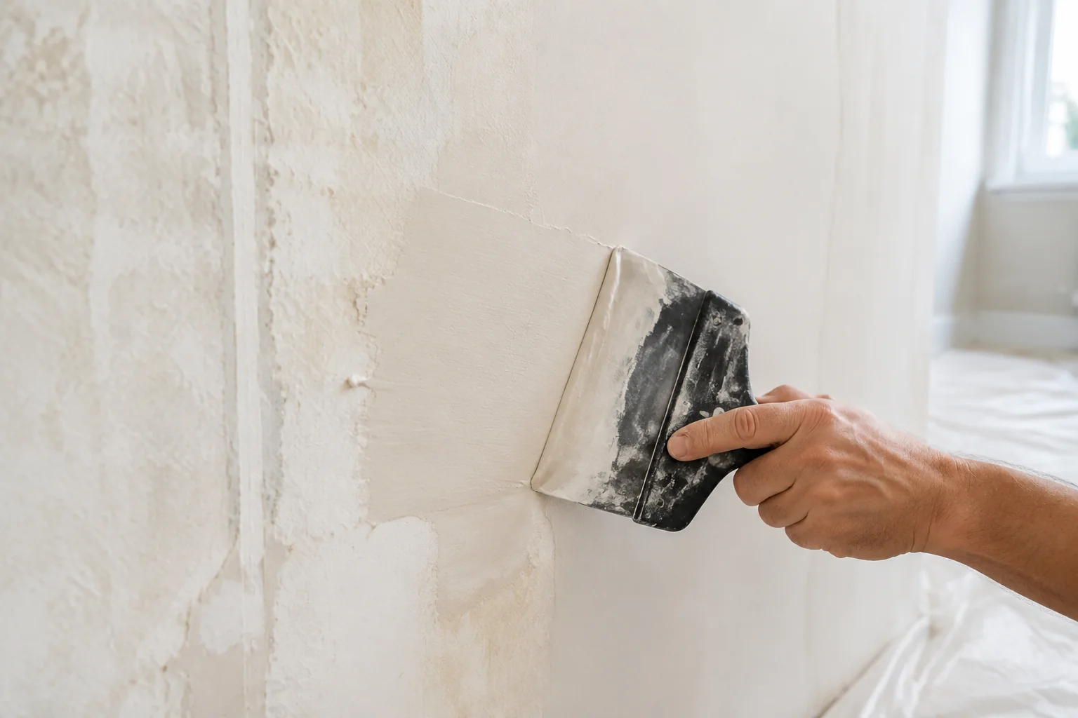 Representative close-up of a wall being skim-coated smooth after wallpaper removal