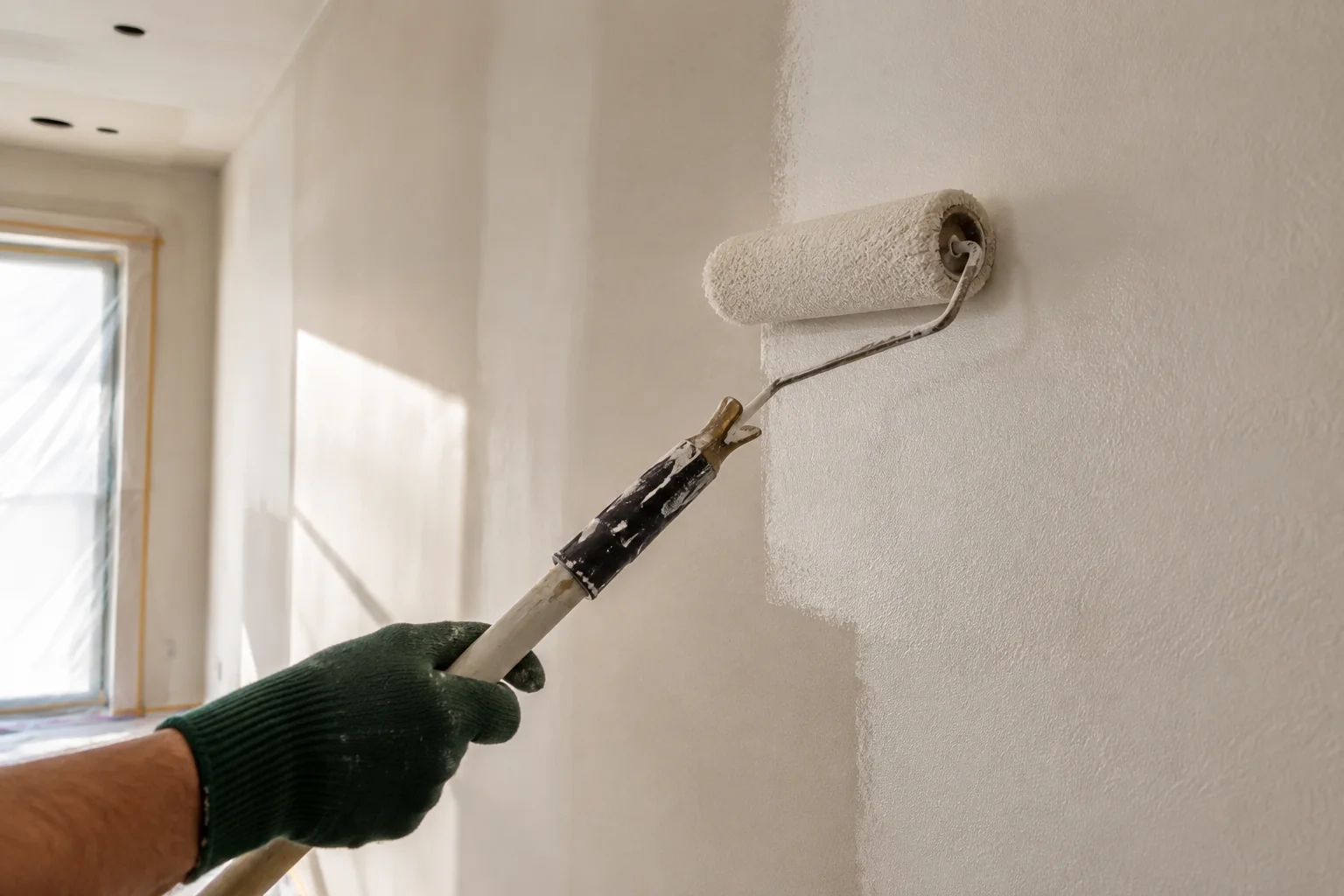 Close view of primer being rolled across a prepared drywall wall