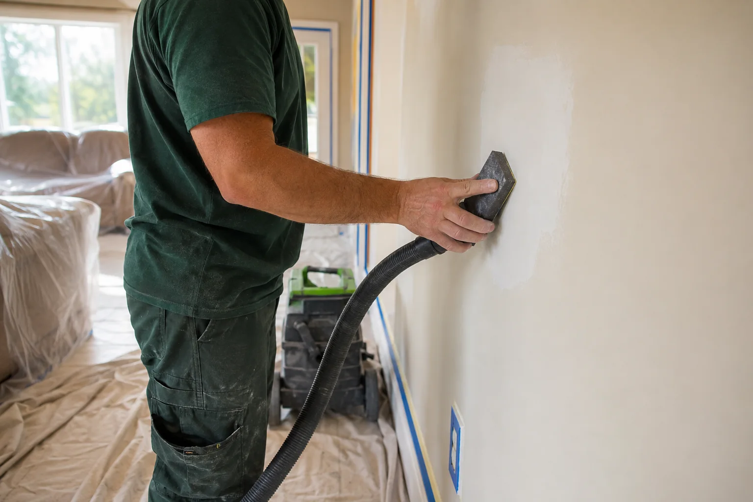 Professional preparing a patched drywall wall with controlled sanding and dust extraction