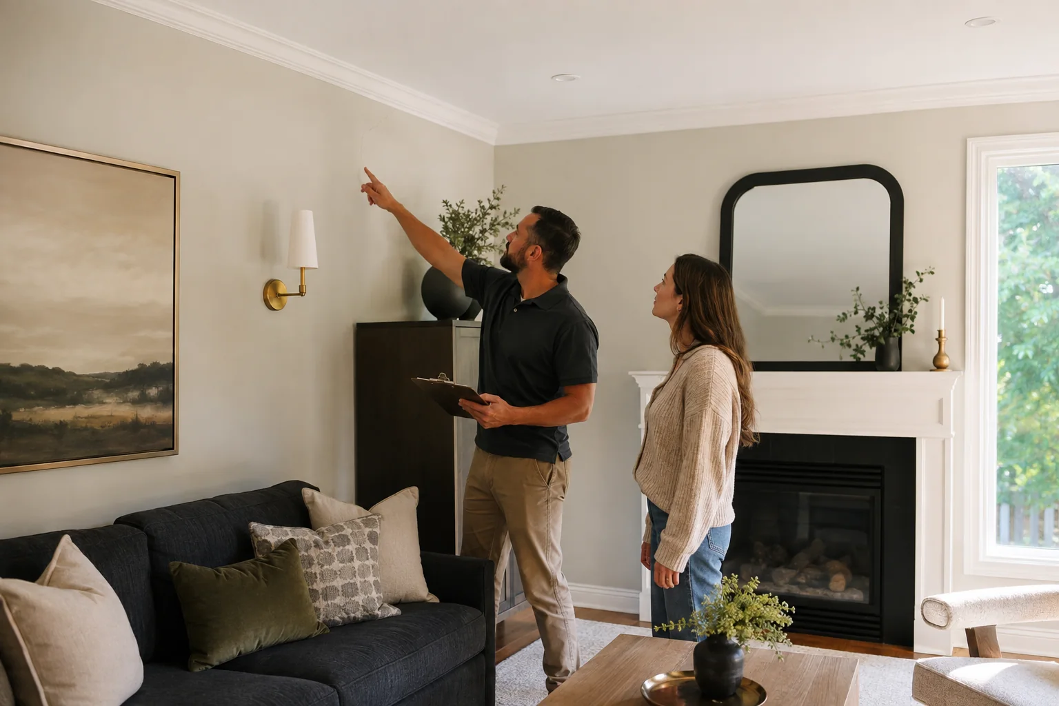 Contractor and homeowner examining a subtle wall crack during an on-site visit