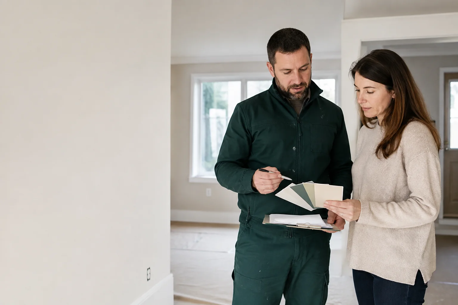 Professional contractor and homeowner reviewing a room and colour samples together