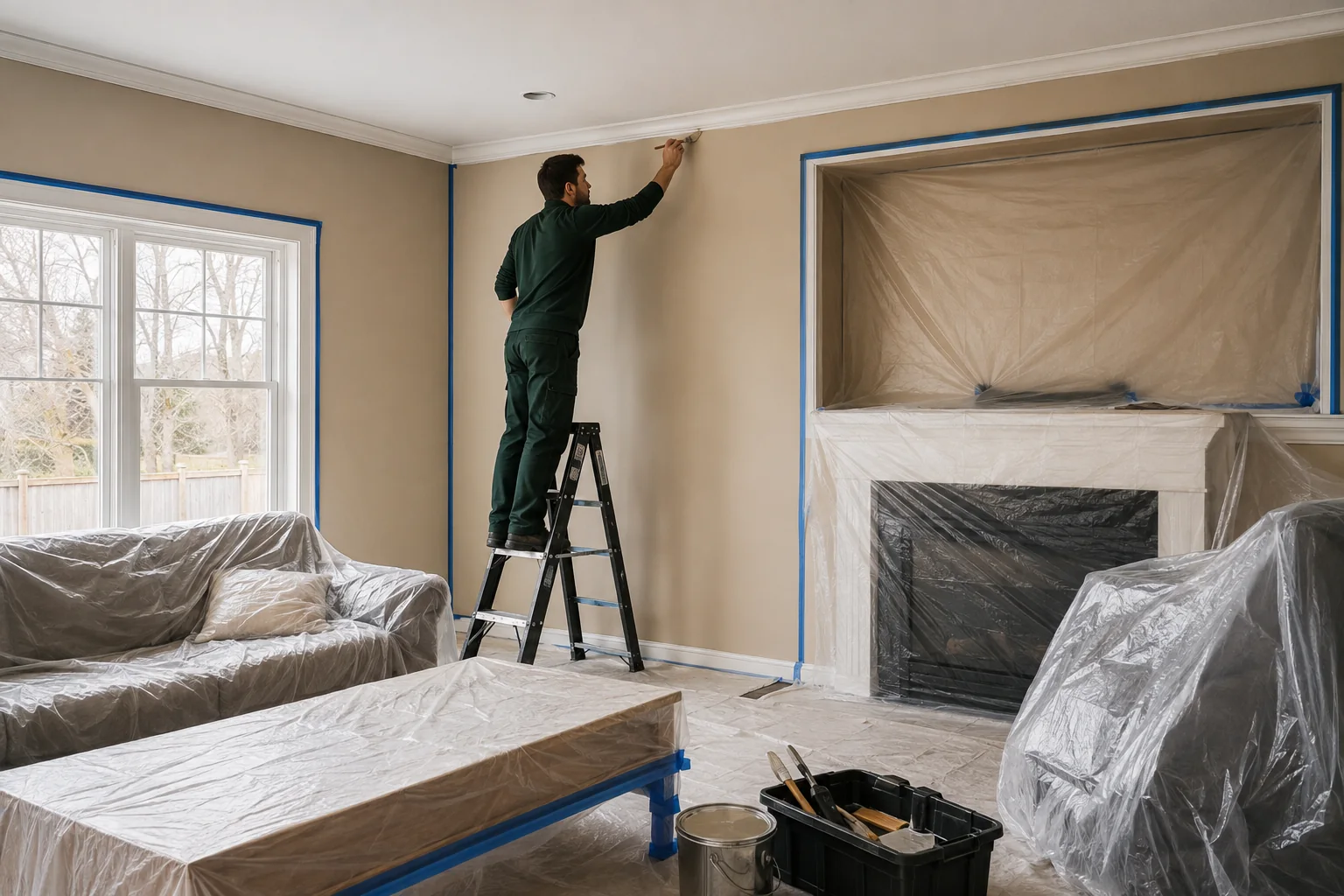 Professional painter working in a carefully protected living room