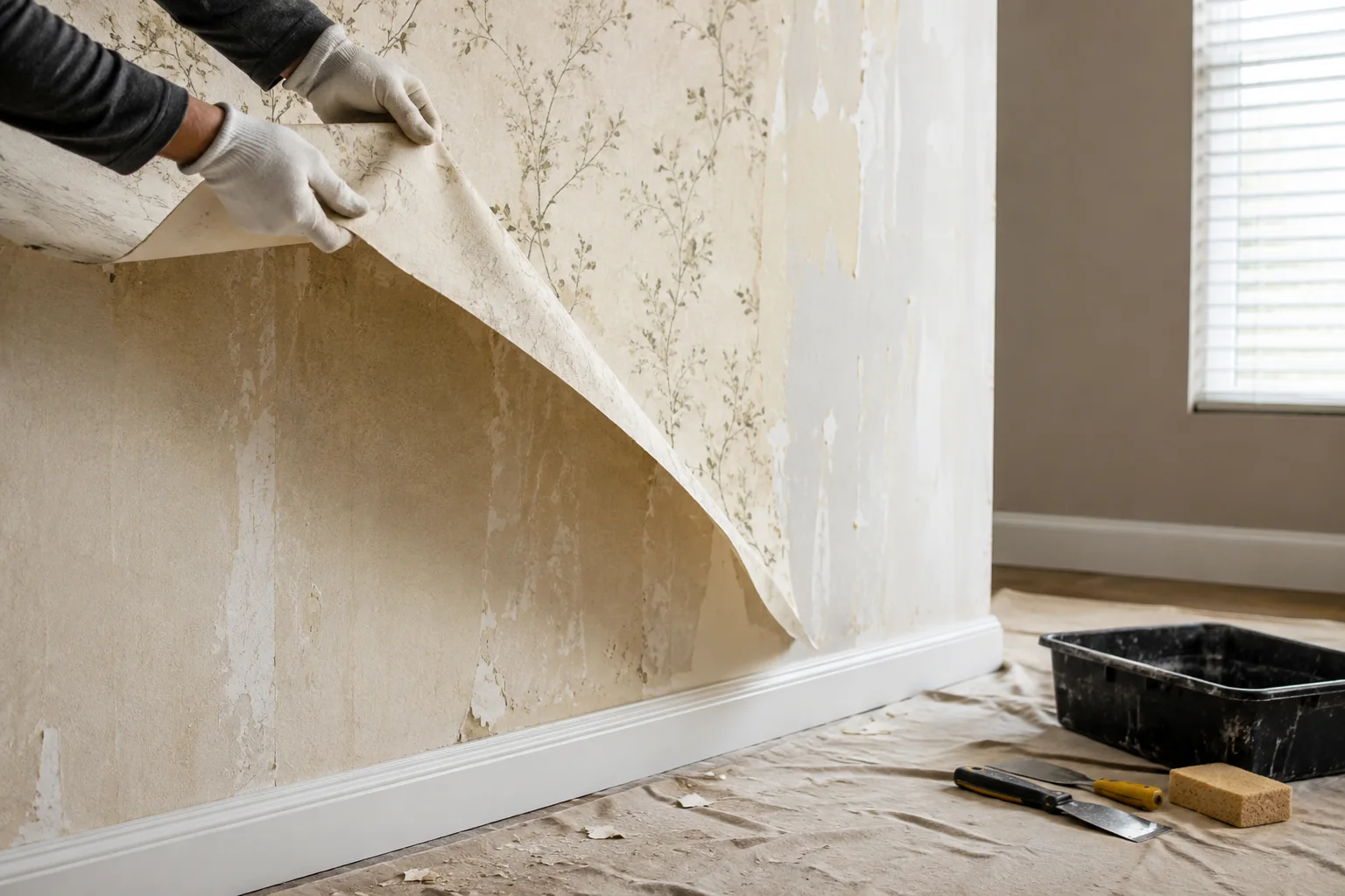 Representative wallpaper removal scene with the wall being prepared